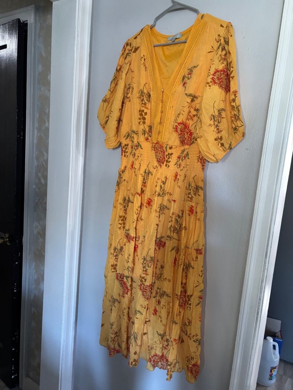 Yellow Floral Maxi Dress with V-Neck and Smocked Waist